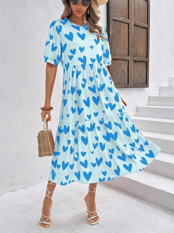 Vestido Longo Com Estampa Coração E Babados Casuais