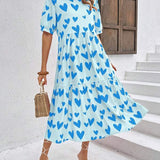 Vestido Longo Com Estampa Coração E Babados Casuais