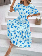 Vestido Longo Com Estampa Coração E Babados Casuais