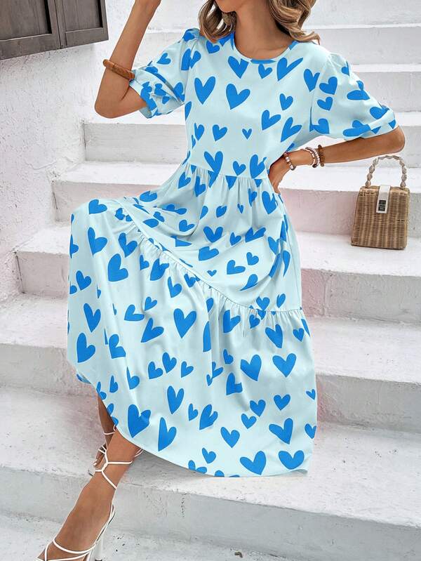Vestido Longo Com Estampa Coração E Babados Casuais