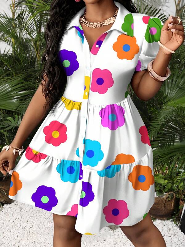 Vestido Chemise Curto Com Babados E Estampa Floral