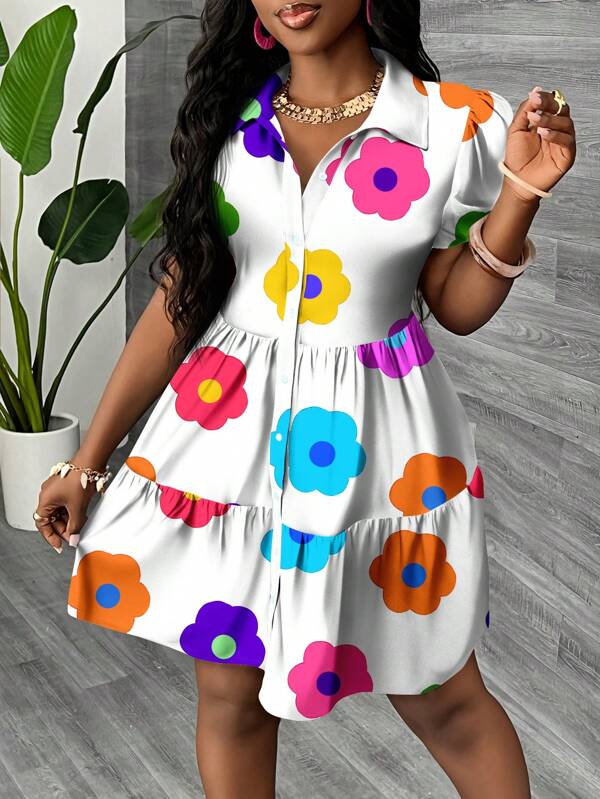 Vestido Chemise Curto Com Babados E Estampa Floral