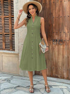 Vestido Midi Evasê Sem Mangas Com Botões Estilo Casual