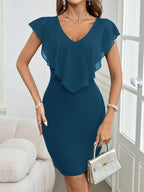 Vestido Midi Com Decote V E Sobreposição Fluida