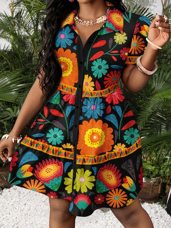 Vestido Chemise Curto Com Botões Estampa Floral