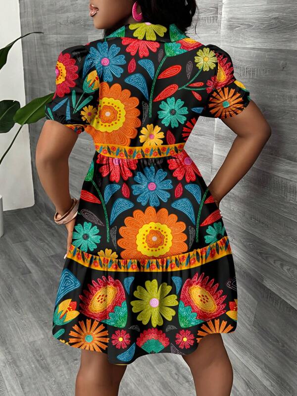 Vestido Chemise Curto Com Botões Estampa Floral