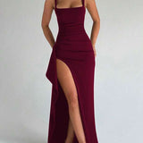 Vestido Longo Com Decote Quadrado E Fenda Frontal