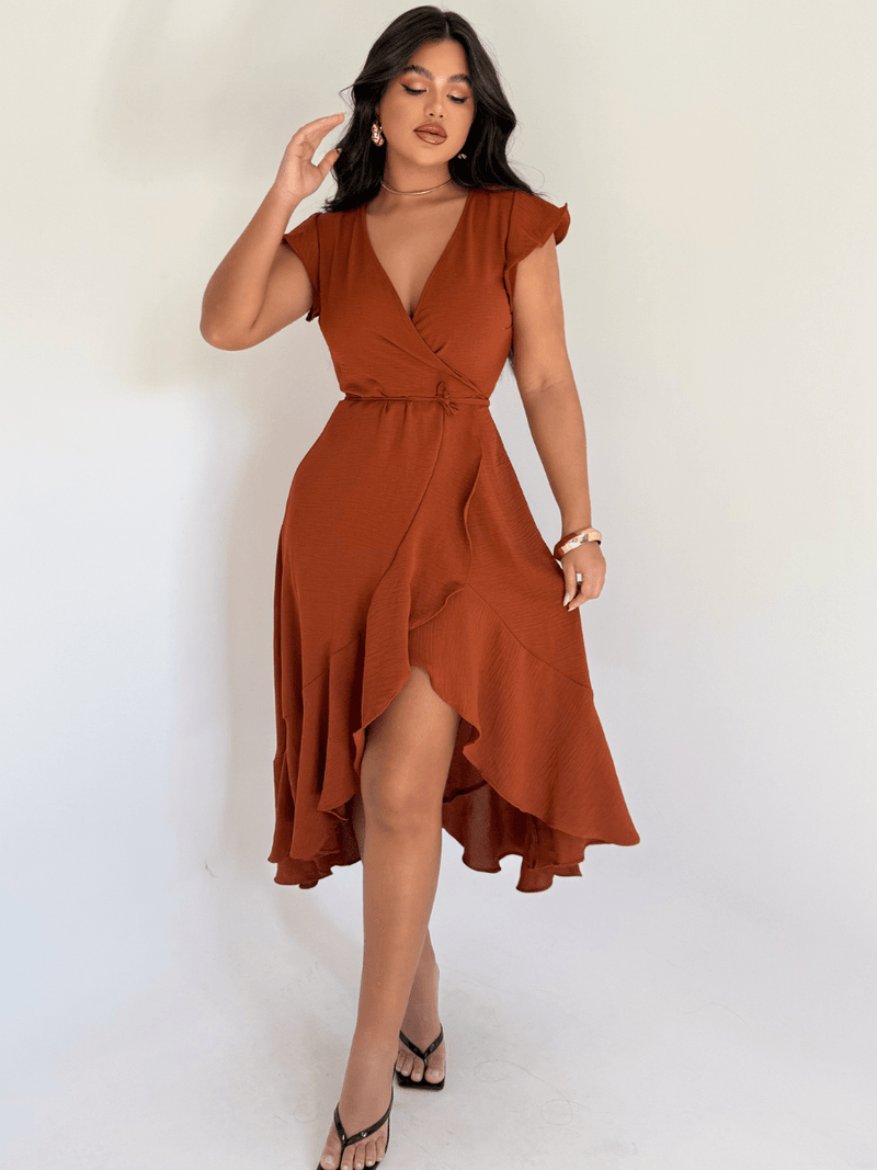 Vestido Midi Transpassado Com Babados E Amarração