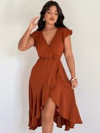 Vestido Midi Transpassado Com Babados E Amarração