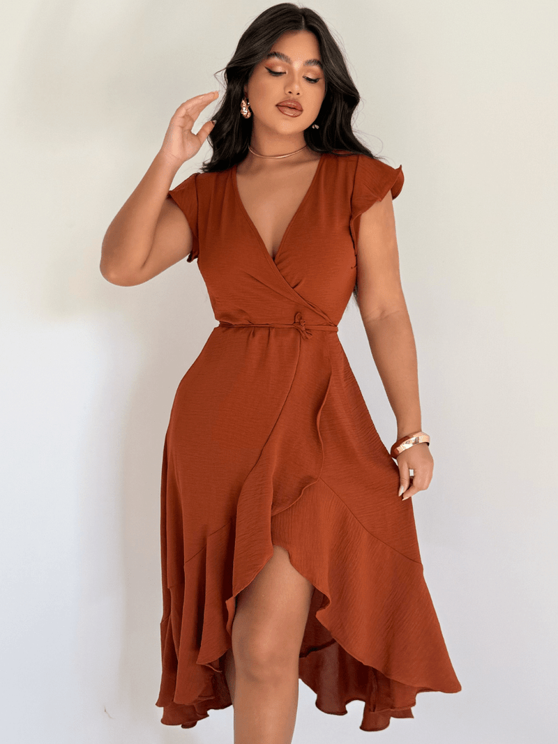 Vestido Midi Transpassado Com Babados E Amarração