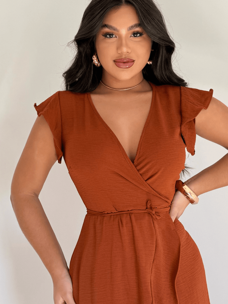 Vestido Midi Transpassado Com Babados E Amarração