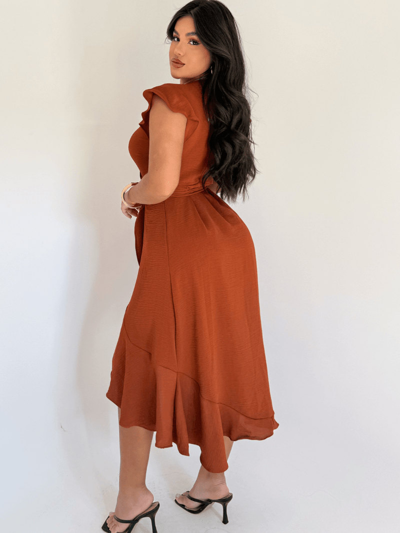Vestido Midi Transpassado Com Babados E Amarração