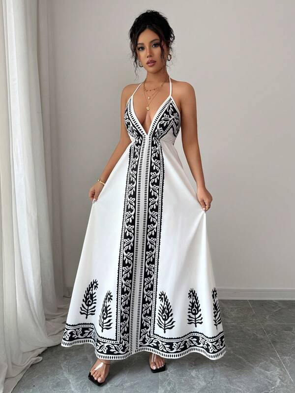 Vestido Longo Frente Única Estampado Estilo Resort