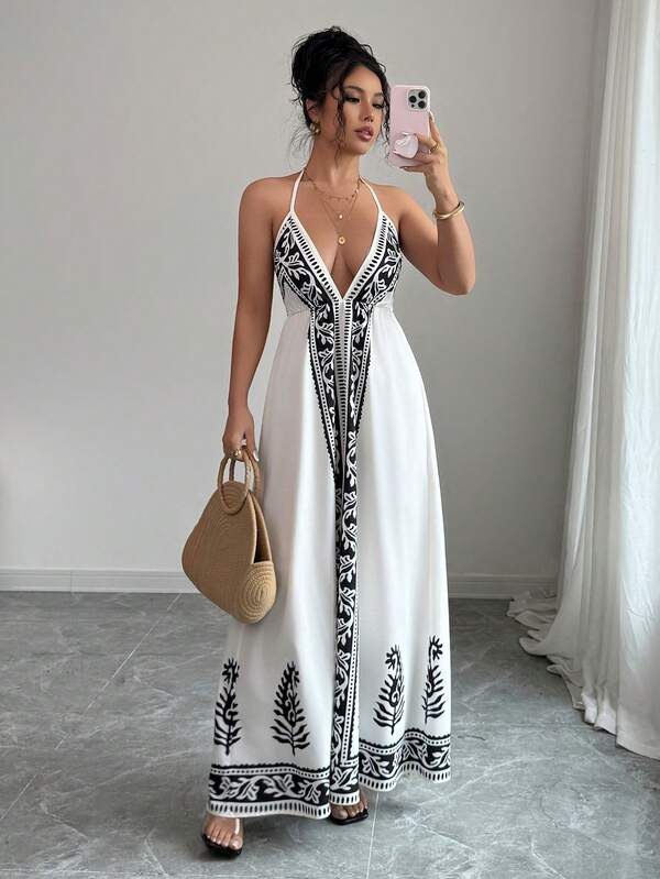 Vestido Longo Frente Única Estampado Estilo Resort