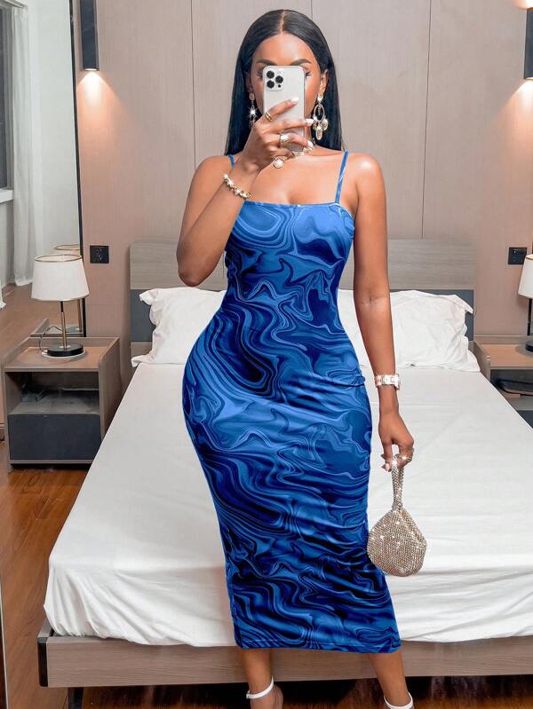 Vestido Midi Ajustado Com Alças Finas E Estampa Abstrata