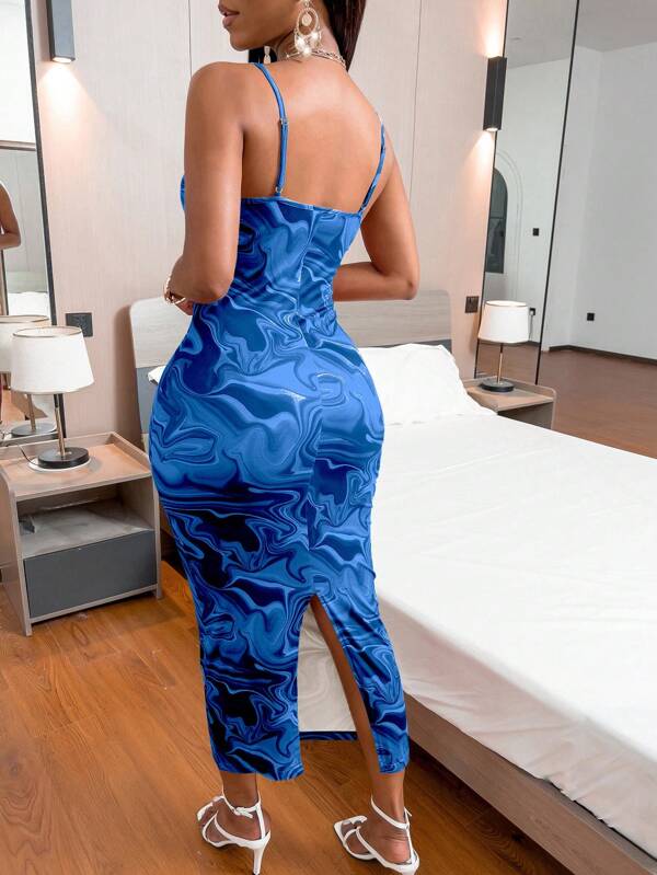 Vestido Midi Ajustado Com Alças Finas E Estampa Abstrata