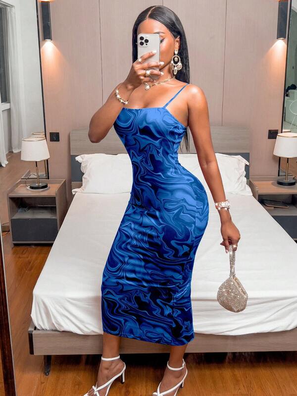 Vestido Midi Ajustado Com Alças Finas E Estampa Abstrata