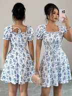 Vestido Curto Manga Bufante Franzido Floral Romântico