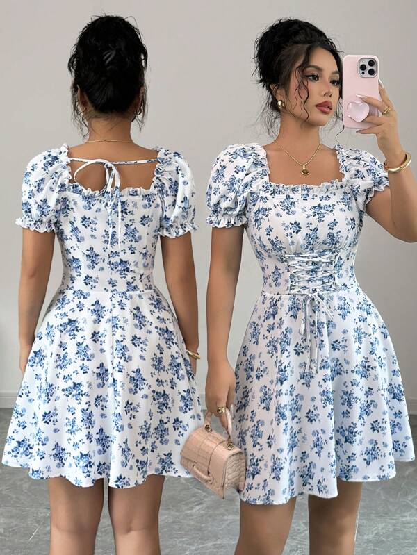 Vestido Curto Manga Bufante Franzido Floral Romântico