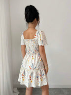 Vestido Curto Com Lastex E Manga Bufante Floral Boho