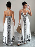 Vestido Longo Frente Única Estampado Estilo Resort