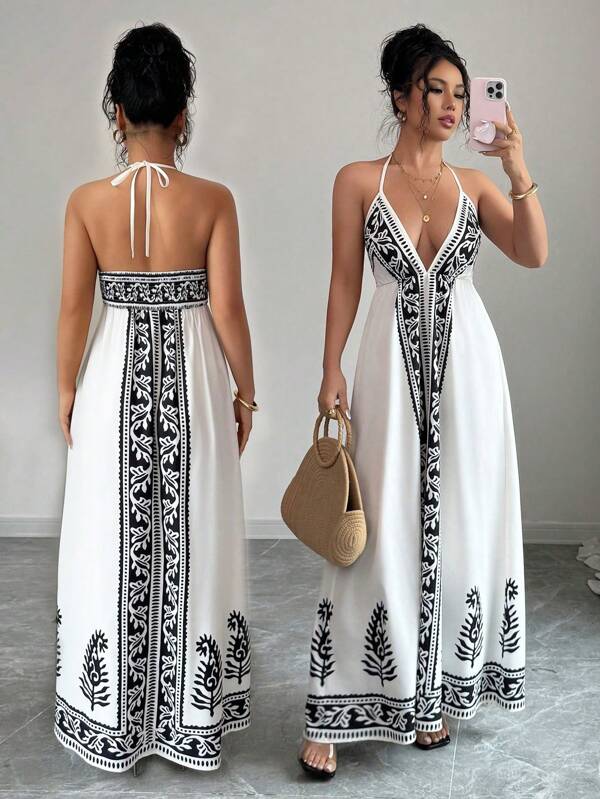 Vestido Longo Frente Única Estampado Estilo Resort