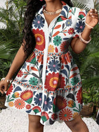 Vestido Chemise Curto Com Botões Estampa Floral