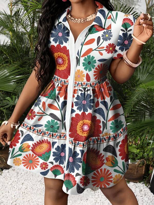 Vestido Chemise Curto Com Botões Estampa Floral