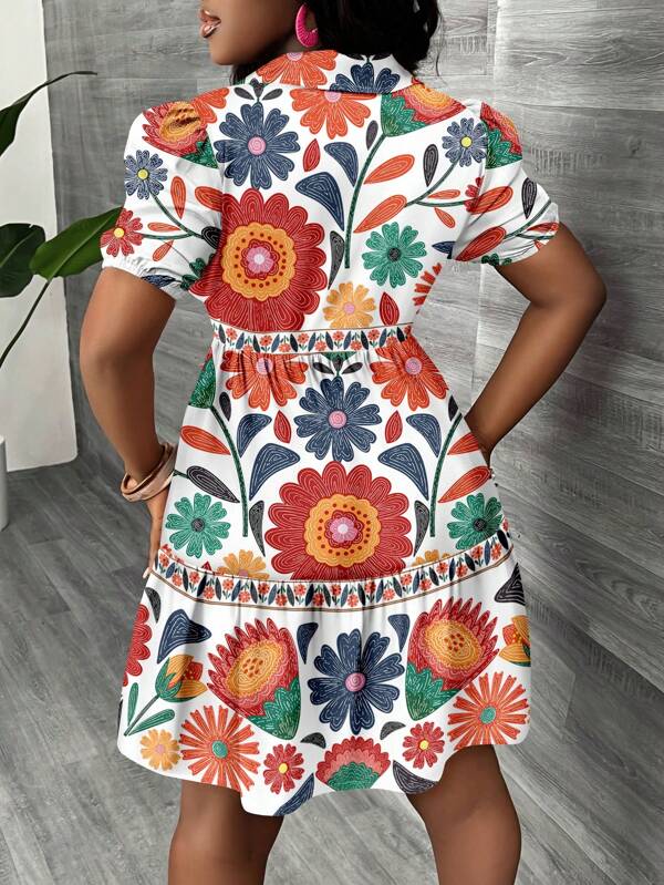 Vestido Chemise Curto Com Botões Estampa Floral