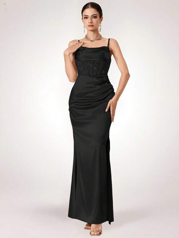 Vestido Longo Com Corselet E Fenda Lateral