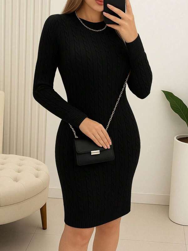 Vestido Midi Canelado Com Manga Longa E Gola Redonda