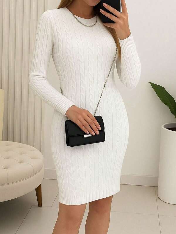 Vestido Midi Canelado Com Manga Longa E Gola Redonda