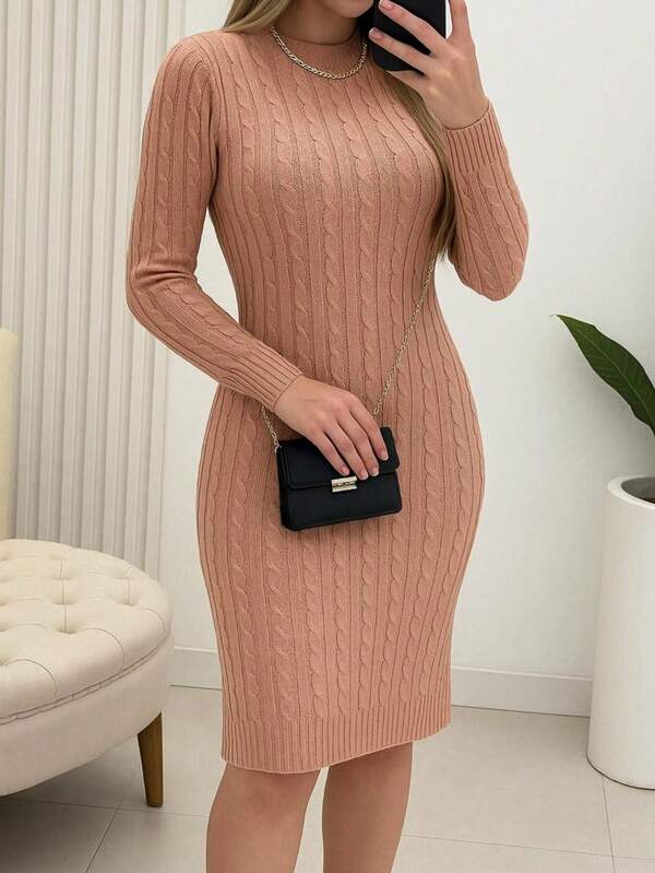 Vestido Midi Canelado Com Manga Longa E Gola Redonda