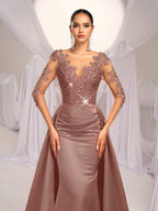 Vestido Longo Com Renda Bordada E Saia Sobreposta