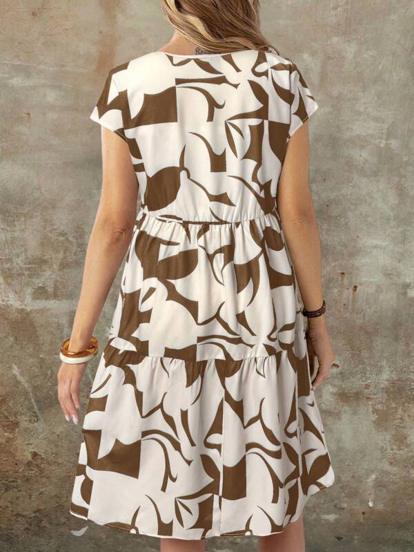 Vestido Midi Soltinho Com Recortes Estampa Abstrata Casual