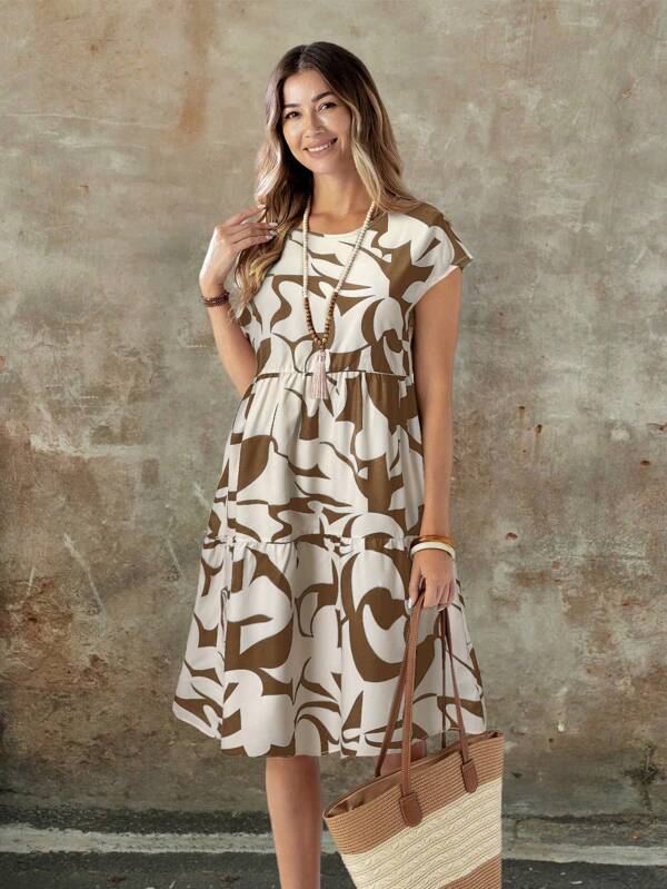 Vestido Midi Soltinho Com Recortes Estampa Abstrata Casual