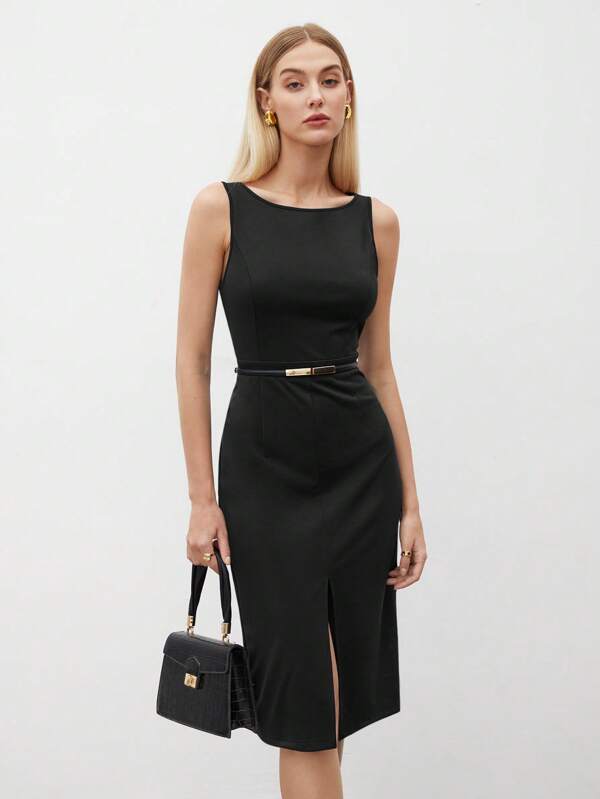 Vestido Midi Ajustado Com Fenda Estilo Minimalista