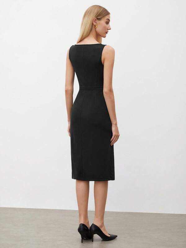 Vestido Midi Ajustado Com Fenda Estilo Minimalista