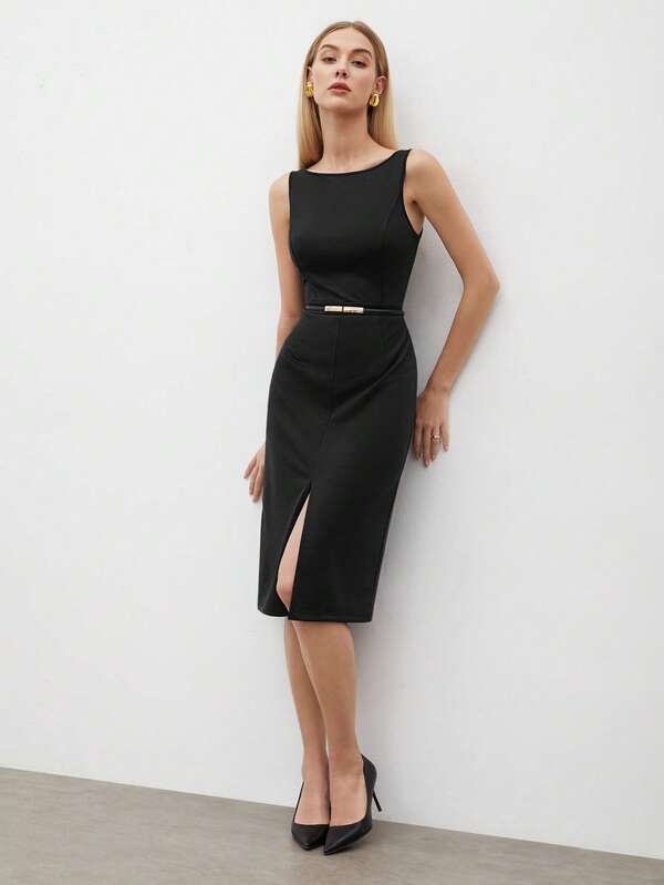 Vestido Midi Ajustado Com Fenda Estilo Minimalista