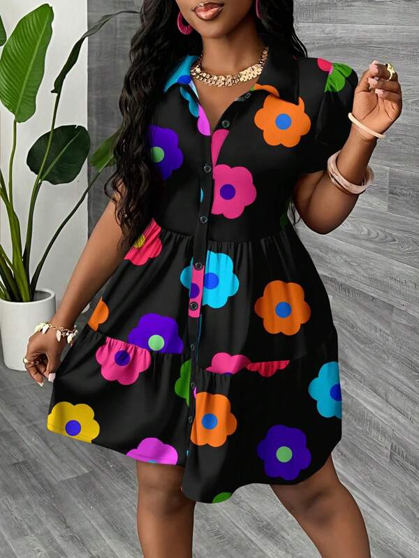 Vestido Chemise Curto Com Babados E Estampa Floral