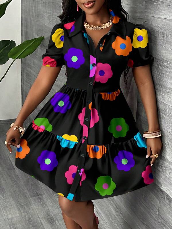Vestido Chemise Curto Com Babados E Estampa Floral