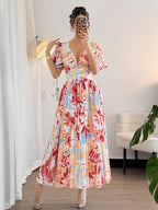 Vestido Longo Decote V Com Estampa Tropical Resort