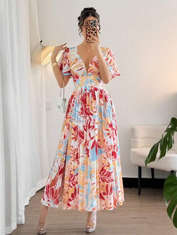 Vestido Longo Decote V Com Estampa Tropical Resort