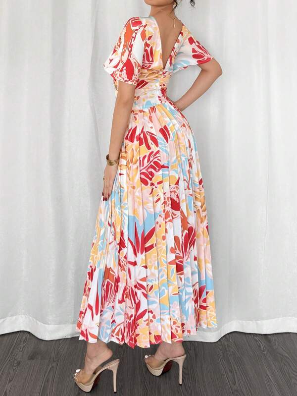 Vestido Longo Decote V Com Estampa Tropical Resort
