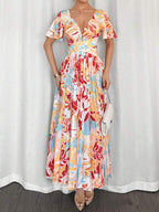 Vestido Longo Decote V Com Estampa Tropical Resort