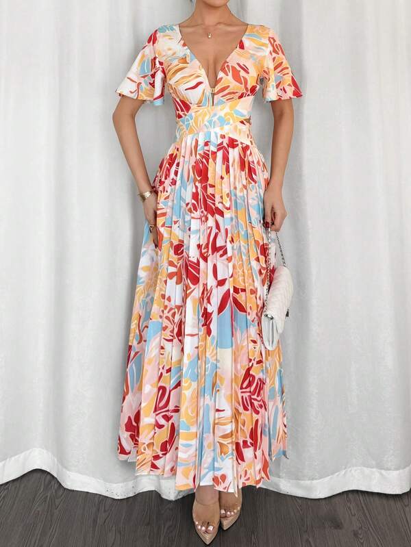 Vestido Longo Decote V Com Estampa Tropical Resort