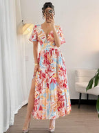 Vestido Longo Decote V Com Estampa Tropical Resort