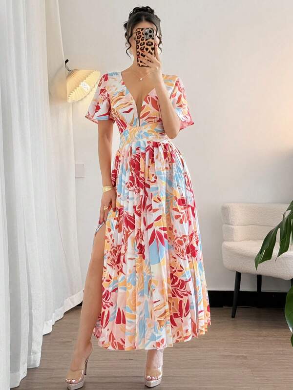 Vestido Longo Decote V Com Estampa Tropical Resort