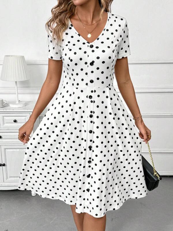 Vestido Midi Decote V Com Botões E Estampa Poá
