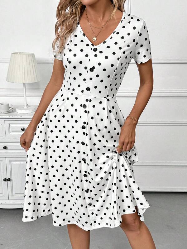 Vestido Midi Decote V Com Botões E Estampa Poá